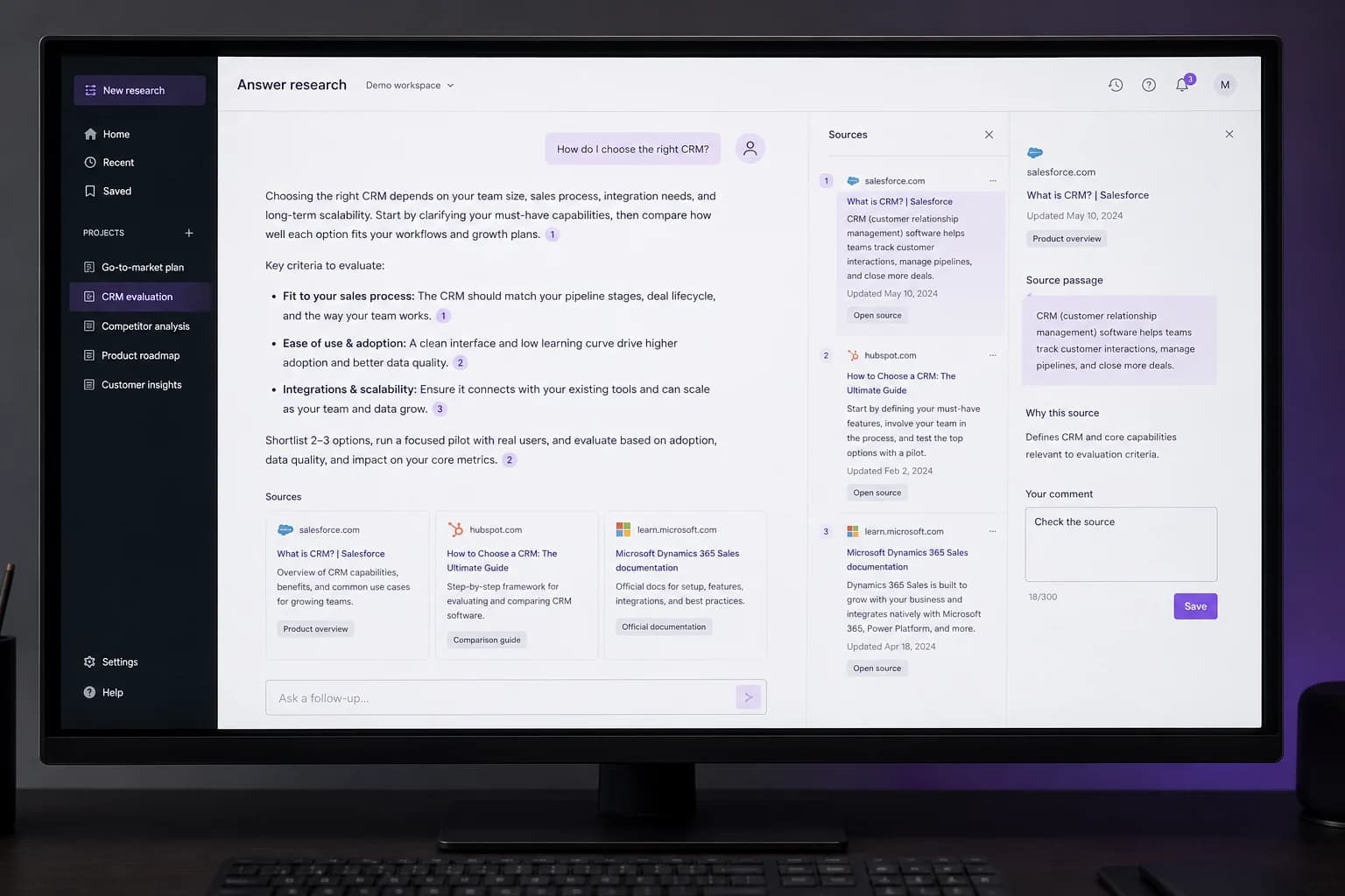 A monitor operation scene where AI answers and supporting data are checked together. This is an example for understanding services created with AI and is not actual customer data.