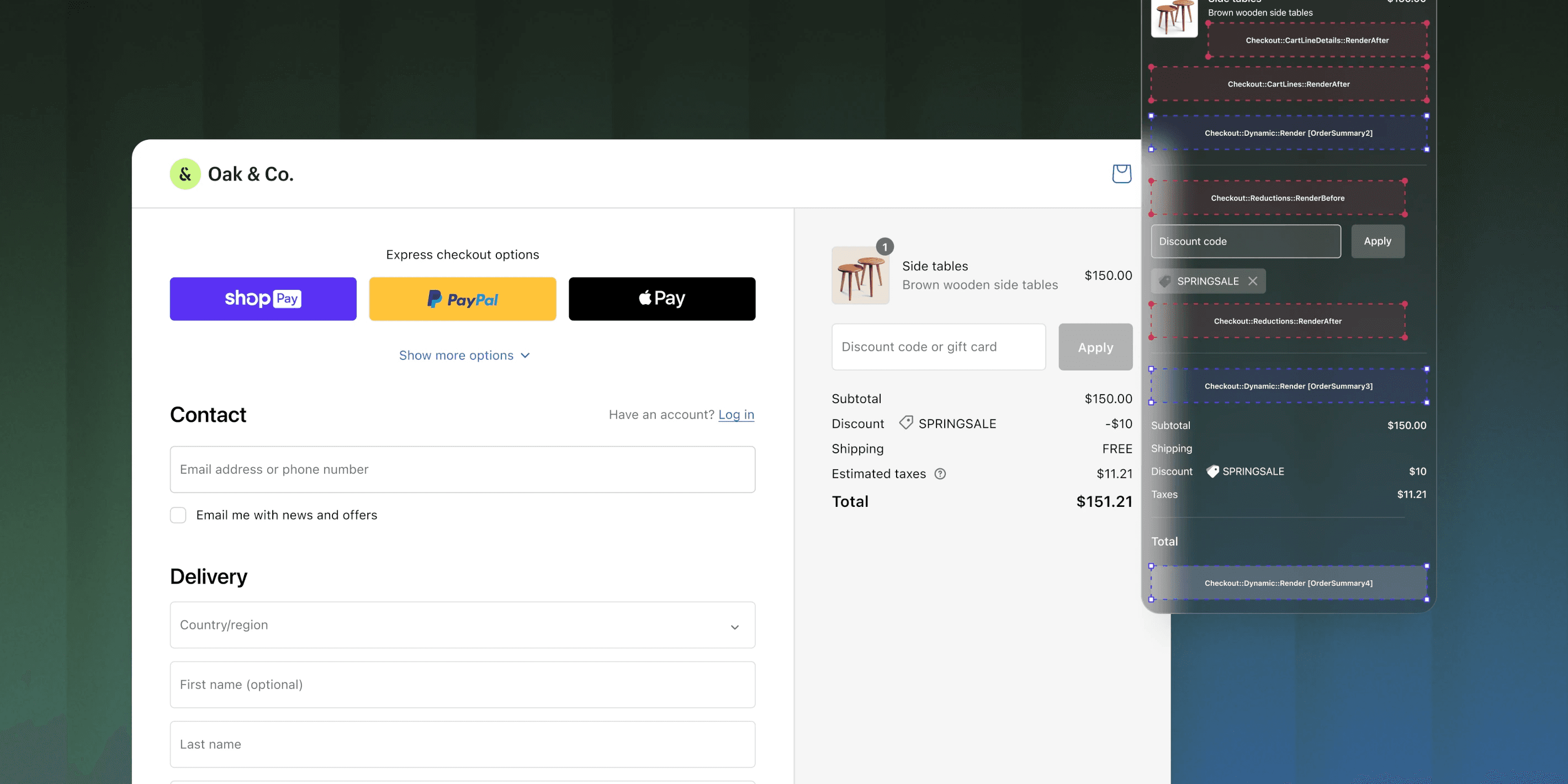 Shopping cart order summary, shipping information and easy checkout screen from Shopify official product examples