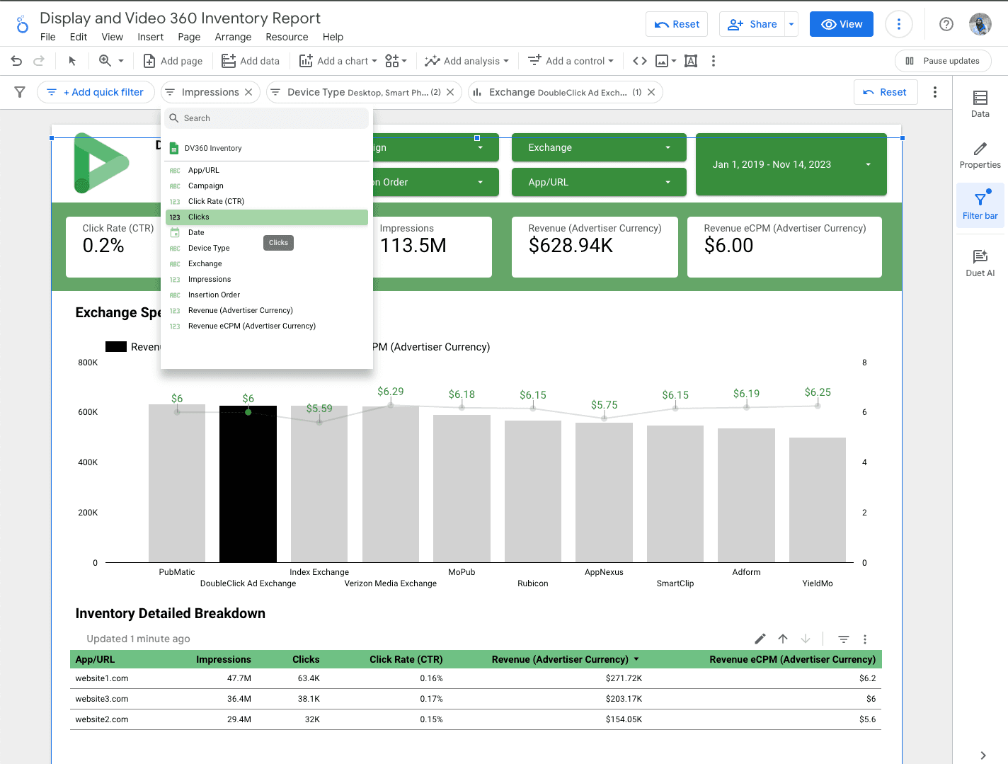 Looker Studio ad report editor with metric filters, charts and source tables, from official Google materials