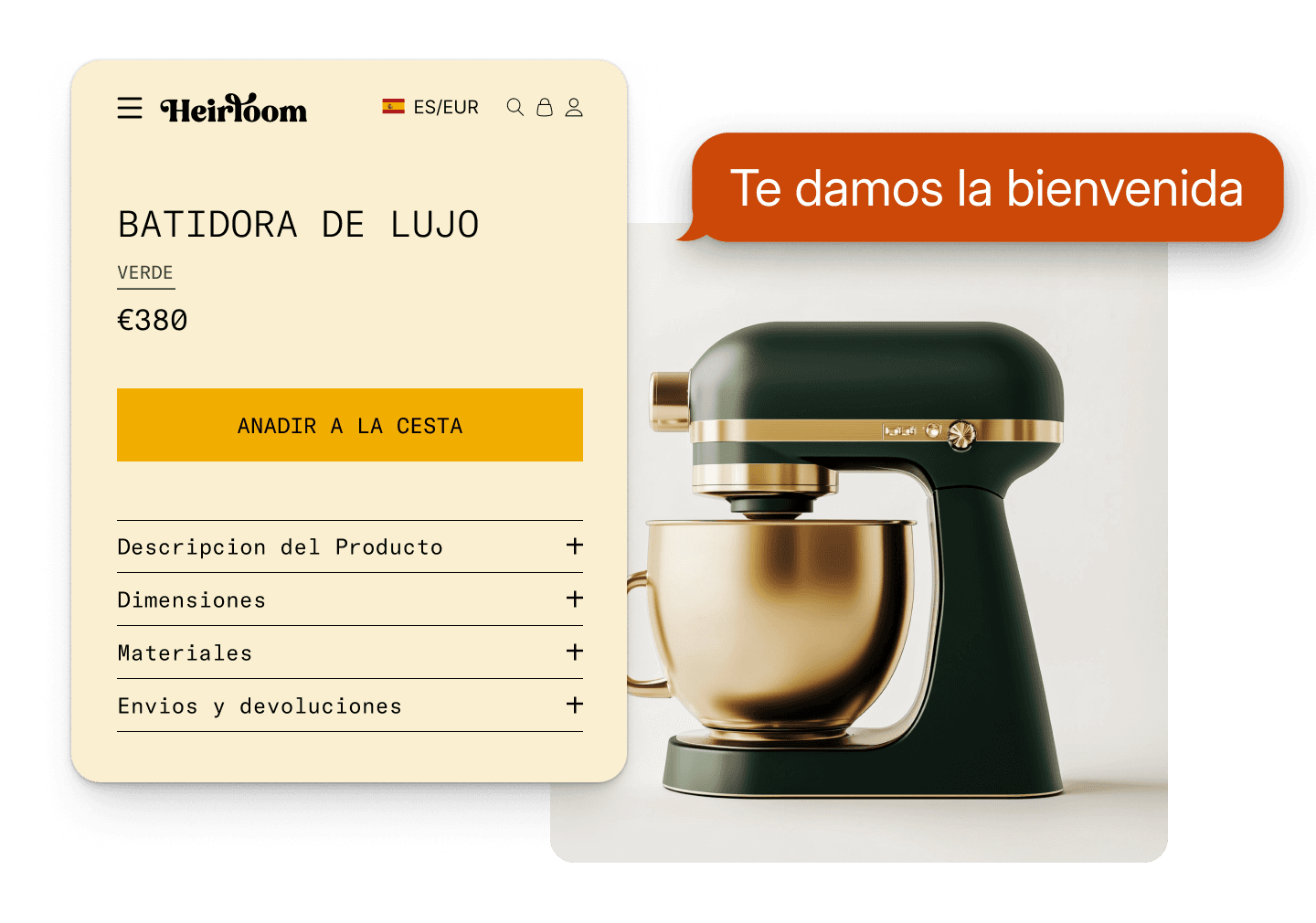 Spanish product information and Euro payment pricing for official Shopify Markets product examples