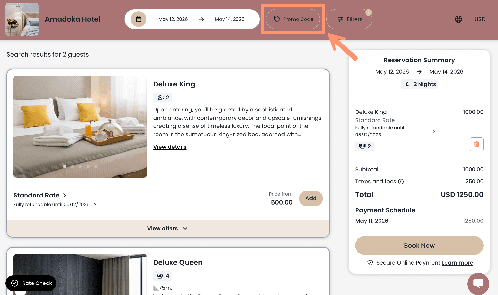 Room photos, stay schedule, rate conditions, total payment amount reservation screen in the Cloudbeds official guide