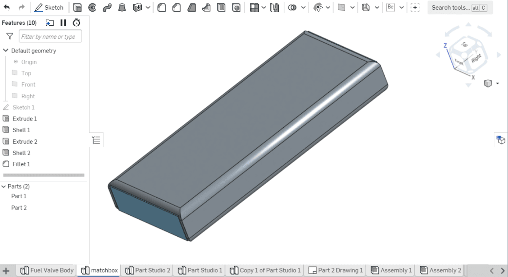 Part 3D model and CAD feature/drawing management screen in the Onshape official guide