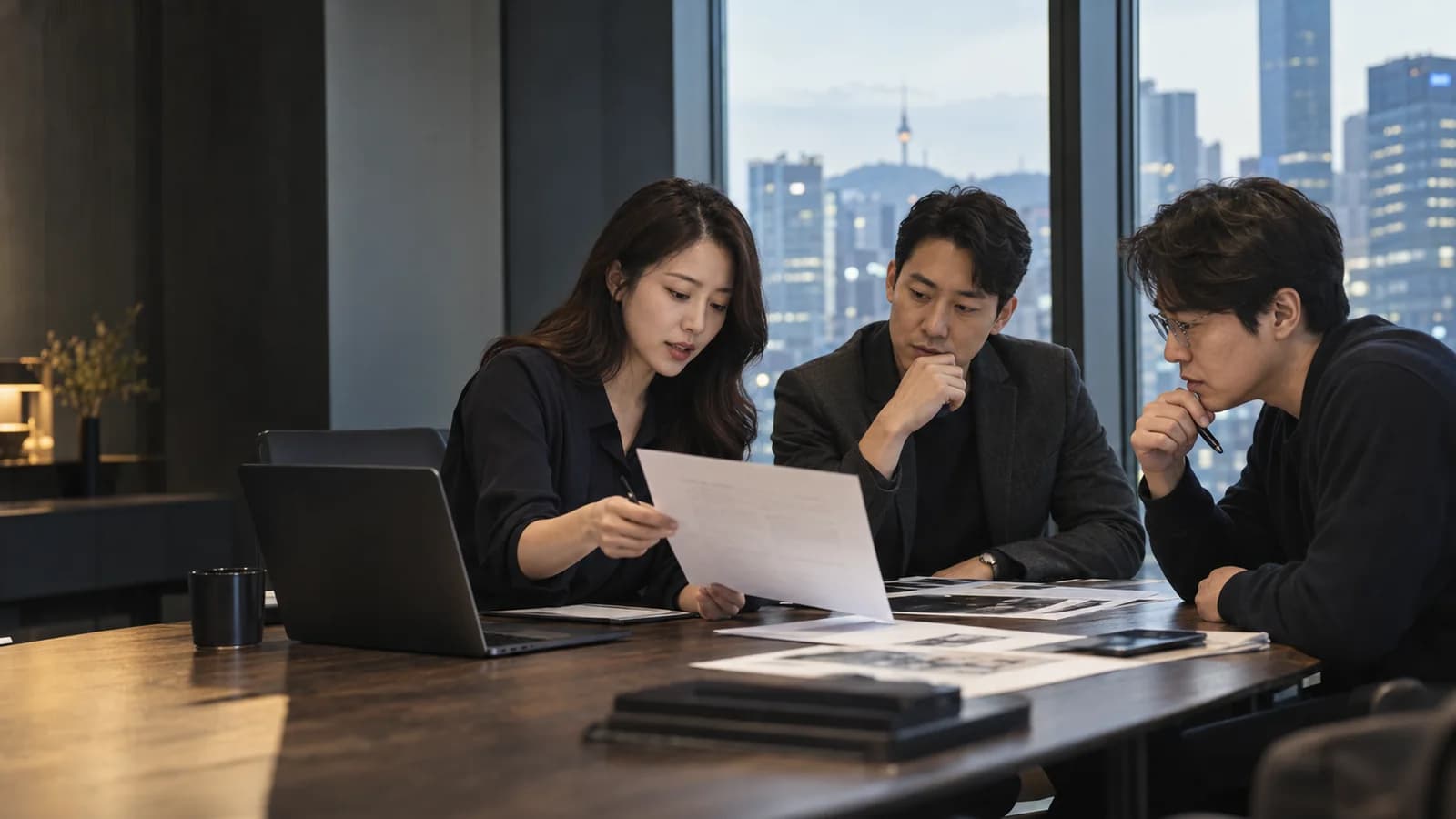 Illustrative scene of Korean professionals reviewing brand documents together.