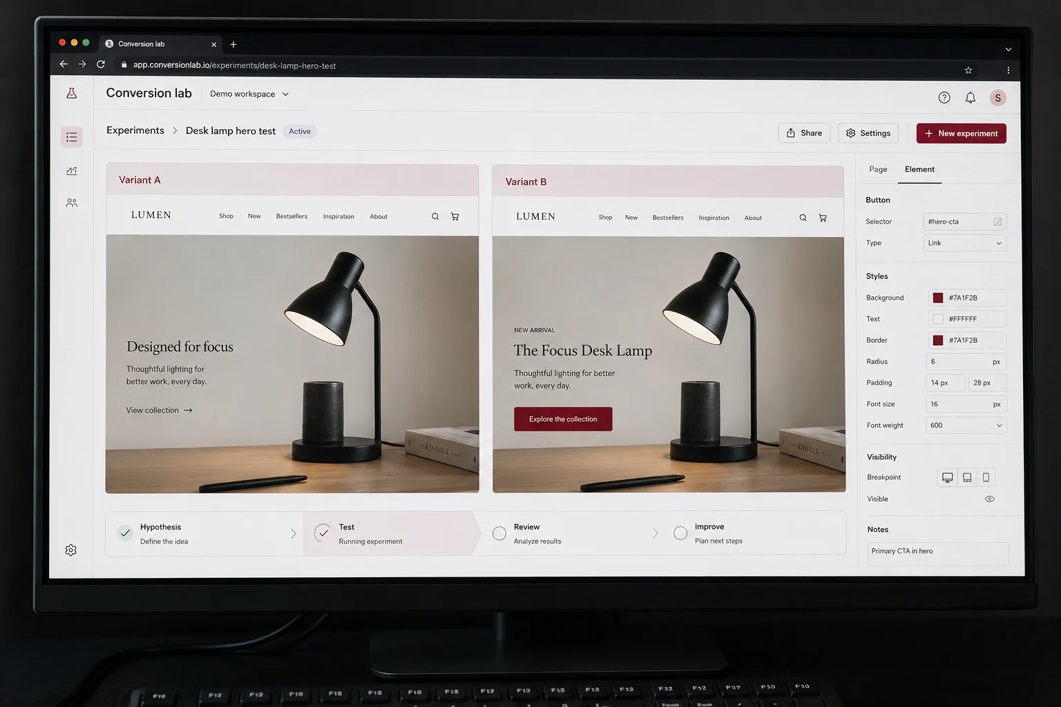 CRO work screen example comparing two product landing screens and designing improvements